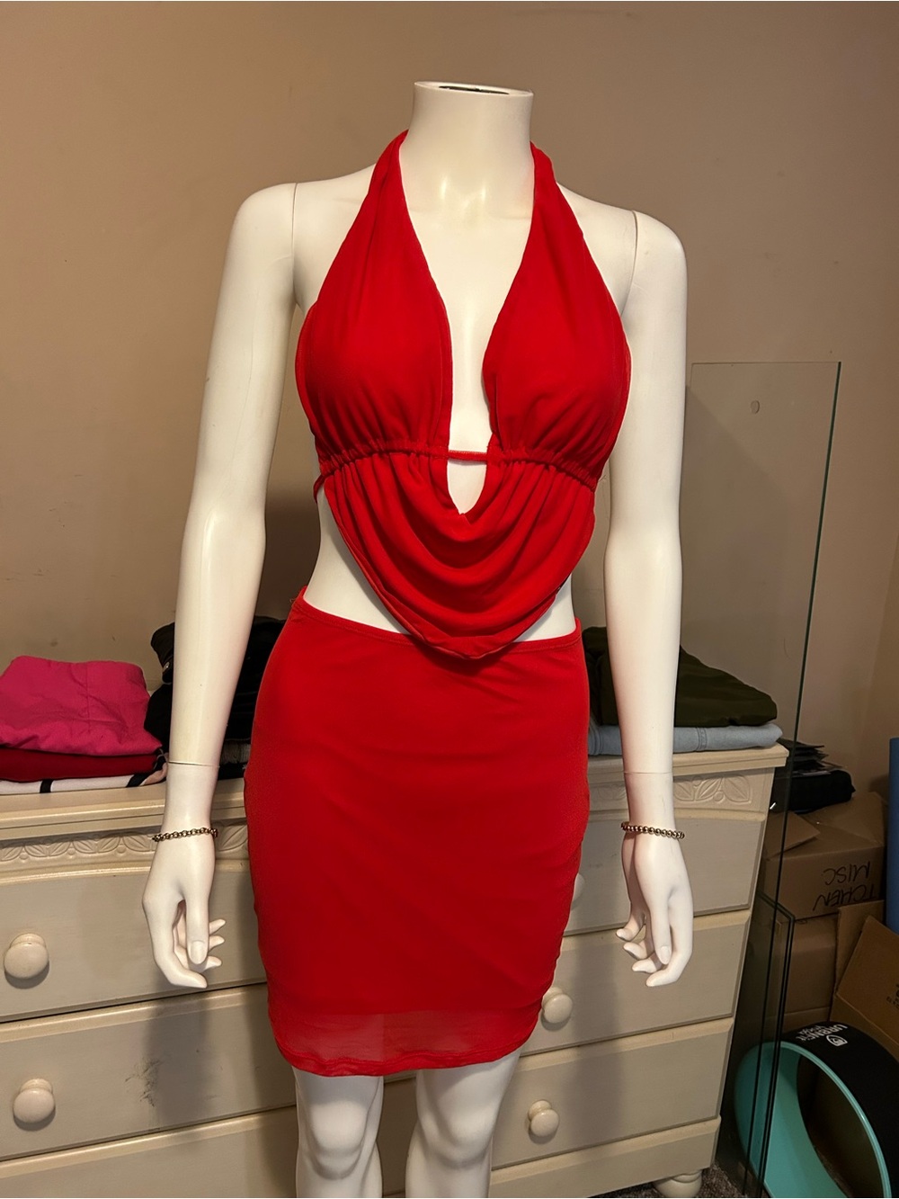 SHEIN Red Halter Drape Front Mini Dress